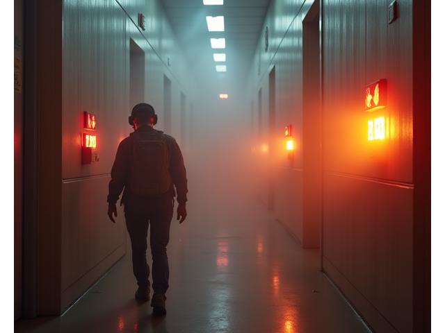 A team in VR practicing fire emergency response, navigating a smoke-filled virtual office building, highlighting evacuation procedures.