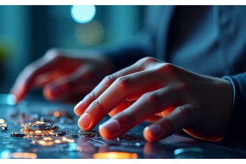 A close-up of a worker's hands wearing haptic gloves, interacting with virtual machinery controls, creating realistic simulations with haptic feedback.