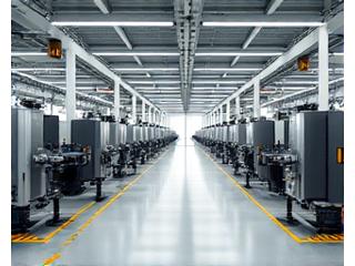 A virtual factory floor with robotic arms and worker safety zones indicated, representing VR training for Manufacturing.