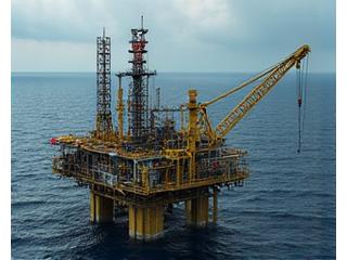An offshore oil rig in a virtual environment, with safety warnings highlighted, representing VR training for the Oil and Gas industry.