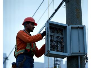 A utility worker in VR performing maintenance on virtual power lines, demonstrating electrical safety protocols for the Utilities sector.