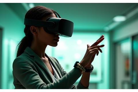A person wearing a VR headset, hands grasping virtual controls, immersed in a digital environment simulating a construction site, emphasizing Virtual Reality platforms for training.